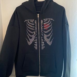 Skeleton Rhinestone Graphic Zip-Up Hoodie